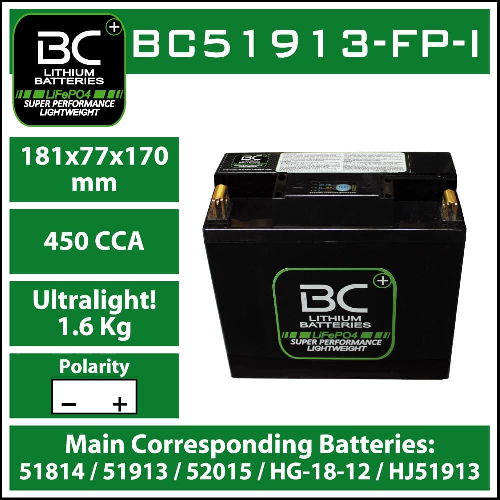 BC Lithium Batteries BC51913-FP-I Batteria Moto al Litio LiFePO4, 1,6 kg, 12V, HJ51913-FP / 51814 / 51913 / 52015 / HG-18-12 - BC Battery Italian Official Website